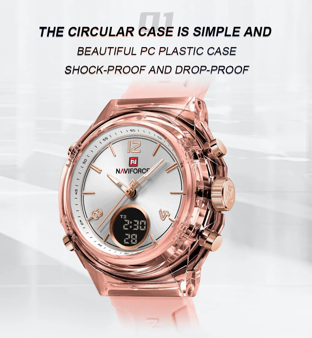 Relojes NAVIFORCE para mujer, nuevo diseño, esfera pequeña, deportivos, para mujer, resistente al agua hasta 5 ATM, reloj de pulsera de cuarzo con pantalla LCD digital, reloj para mujer