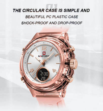 Relojes NAVIFORCE para mujer, nuevo diseño, esfera pequeña, deportivos, para mujer, resistente al agua hasta 5 ATM, reloj de pulsera de cuarzo con pantalla LCD digital, reloj para mujer
