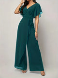 Women's New Solid V Neck Flutter Sleeve Tie Waist Split Wide Leg Jumpsuit Elegant Slimming Versatile Party Daily Casual Jumpsuit