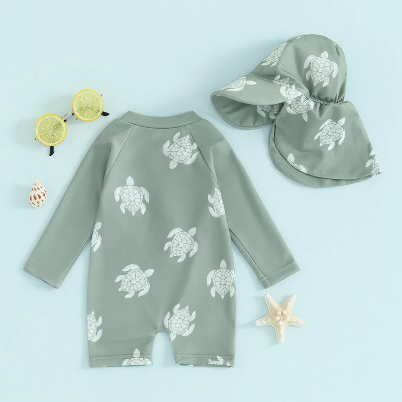 Traje de baño Tregren para niños pequeños, de manga larga, con estampado de tortuga y dinosaurio, con gorro de baño y ropa de playa.