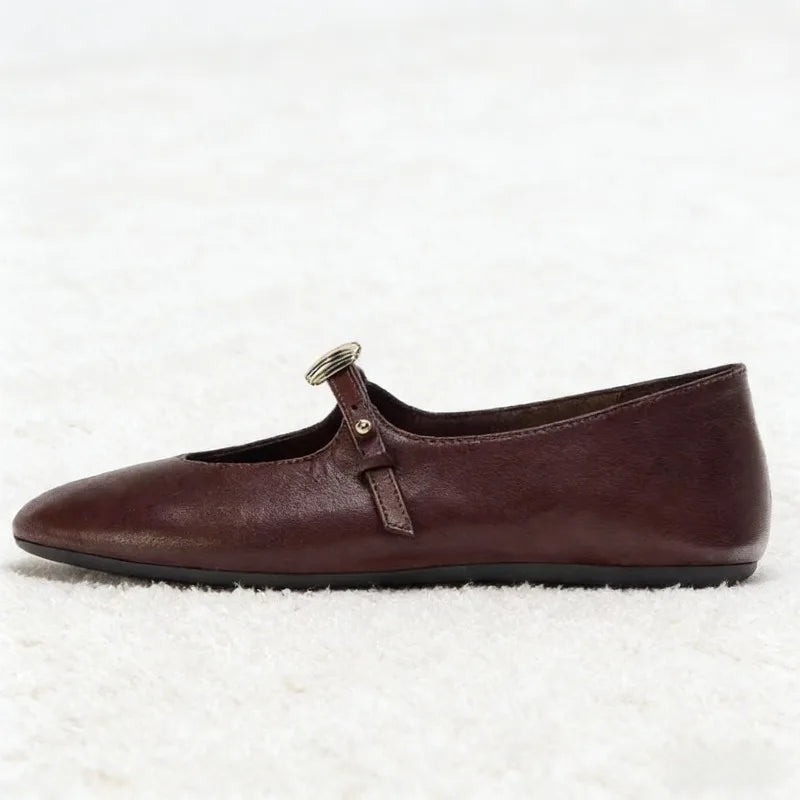 Luxury Metal Decoration Ballet Flats Women Retro Round Toe Soft Leather Mary Jane Shoes Light Soft Sole Comfortable Casual Shoes