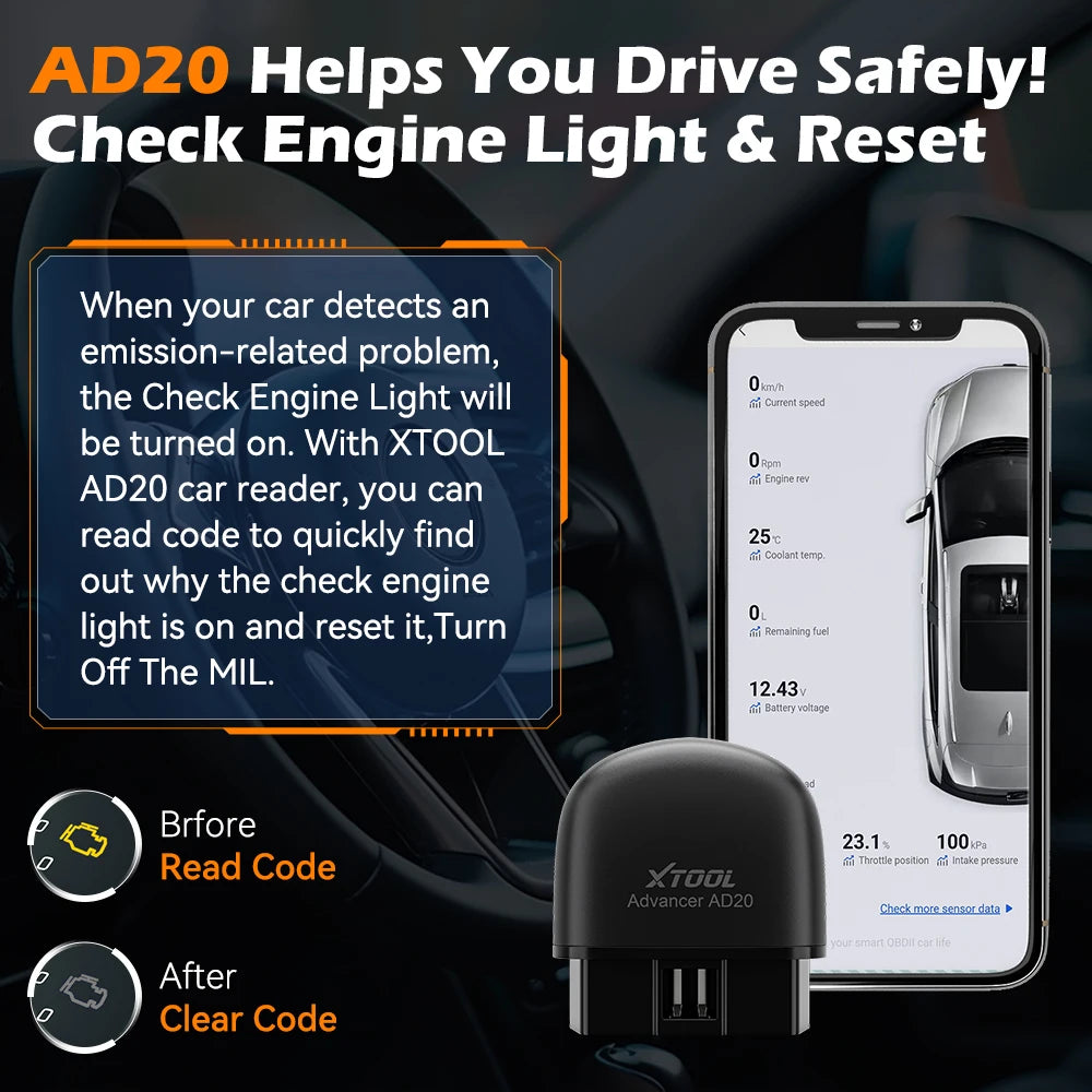 XTOOL Advancer AD20 Mini Bluetooth 5.0 OBD2 Escáner con funciones OBD2 completas Herramienta de diagnóstico de coche Lectura/borrado de códigos de falla Universal