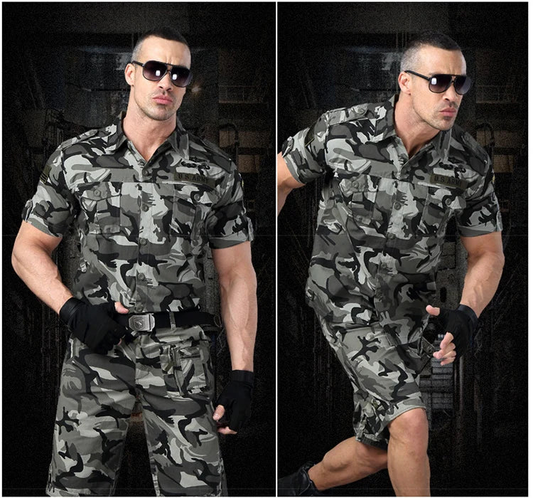 Short Sleeved Shirts Men Tactical T-shirt Spring Summer Workwear Cotton Vintage Shirt  Army Embroidery Pocket Cargo Tees