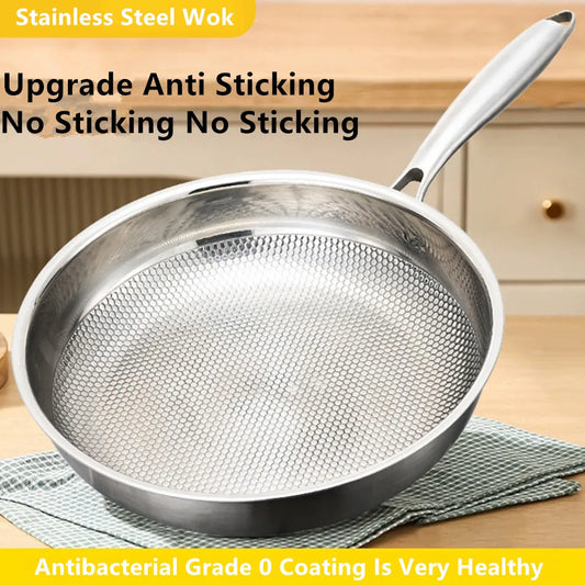 304 Stainless Steel Wok Non-Stick Frying Pan Steak Frying Pan Uncoated Kitchen Cookware Suitable For Gas Stove Induction Cooker