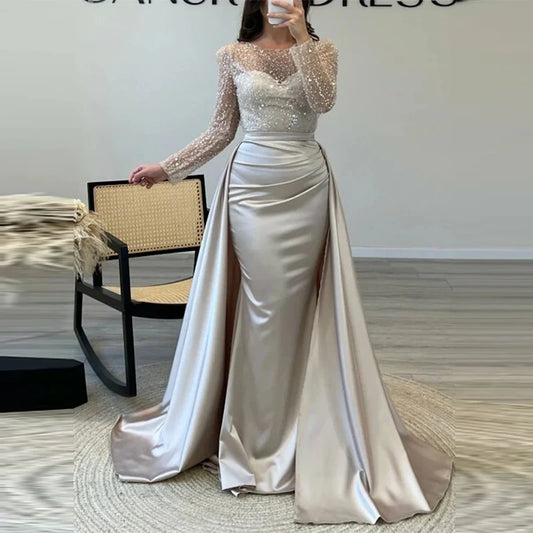 Vestido de noche de lentejuelas de manga larga para banquete de lujo, temperamento, cuello redondo, vestido de fiesta elegante con patchwork, vestido plisado delgado para Año Nuevo 2025