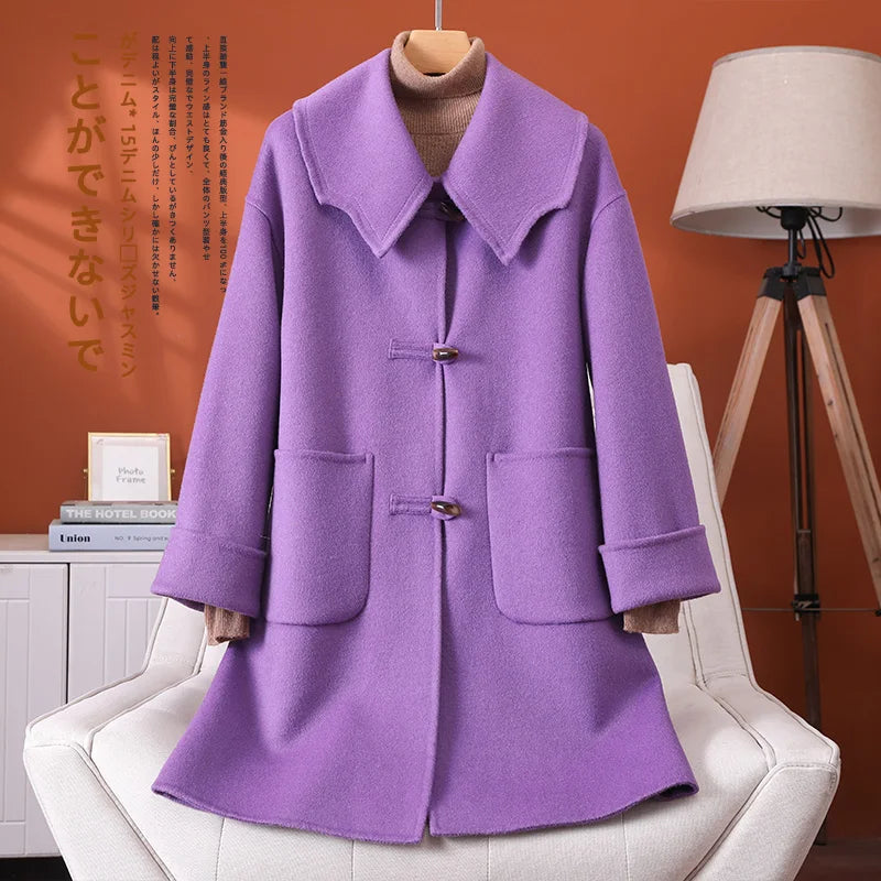 2025 Fashion Large Lapel Horn Button Women's Coat Autumn and Winter New Double-Sided Woolen 100%Pure Wool Warm Coat Large Pocket