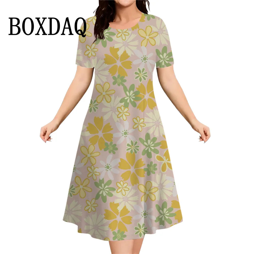 Women's Summer Floral Print Short Sleeve Dress 2026 New Fashion Plus Size Loose Casual Retro Women's Mini Dress 9XL Clothing