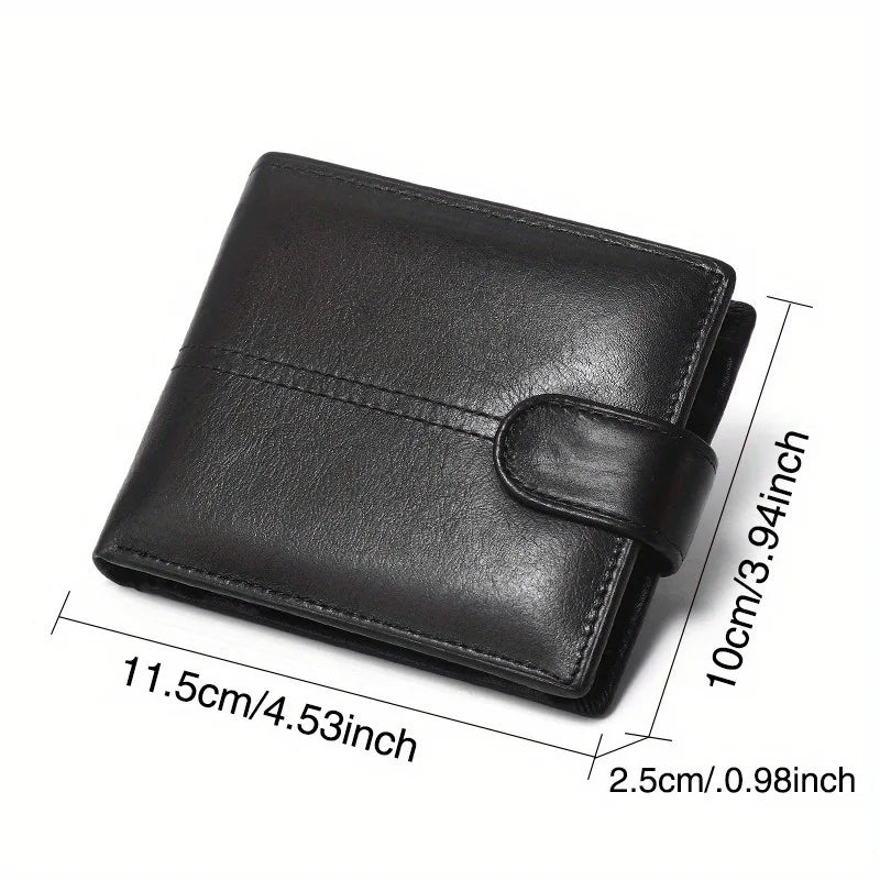 Men's Genuine Leather Wallet, Anti-Theft RFID Brush, Anti-Magnetic, Short Coin Purse, Large Capacity, Multi-Slot Buckle Wallet