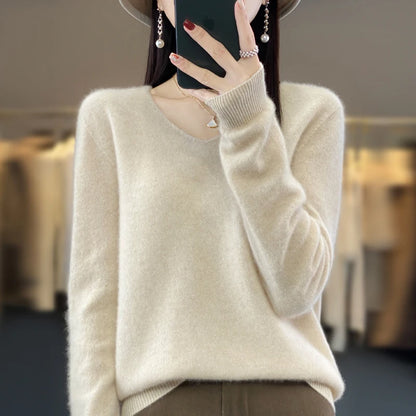 Suéter básico de otoño-invierno 2024 para mujer, 100 % lana merino, cuello en V, tejido de punto liso, jersey de oficina para mujer, manga larga, cachemir.