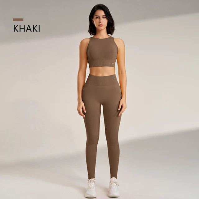 Conjunto de roupas de yoga feminino cintura alta leggings e topo duas peças sem costura roupas de exercício de fitness roupa interior de treino de fitness