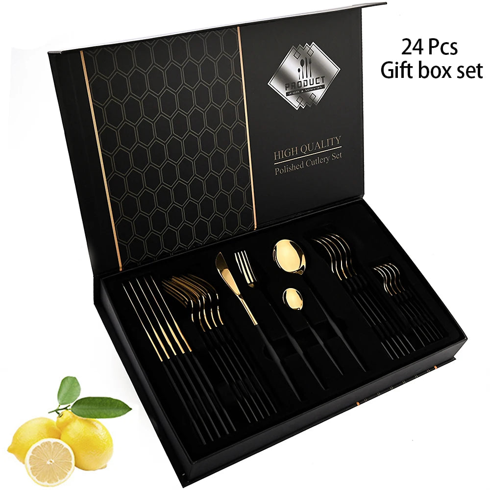24Pcs Cutlery Sets Stainless Steel Dinnerware Knives Forks Tea Spoons Mirror Tableware Kitchen Western Silverware Gift Box Set