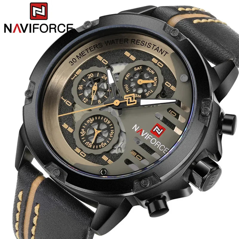 NAVIFORCE Men Watch Sport Man Wristwatch Top Brand Luxury Gold Military Date Week Genuine Leather Quartz Male Clock Gift 9110