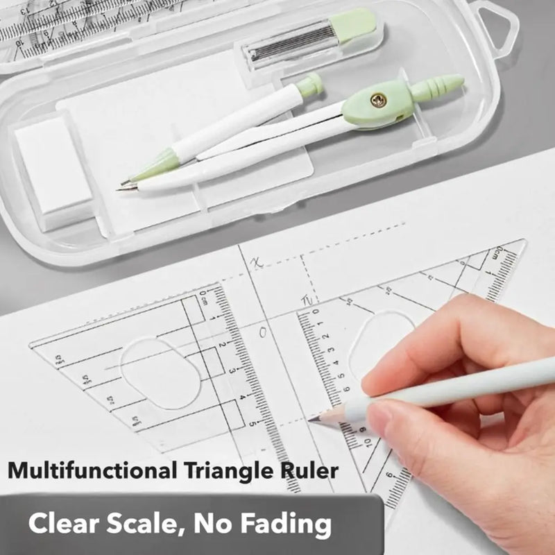 8PCS/Set Plastic Ruler Compasses Set Transparent Straight Ruler Measuring Ruler Set Square Eraser Protractor School Office