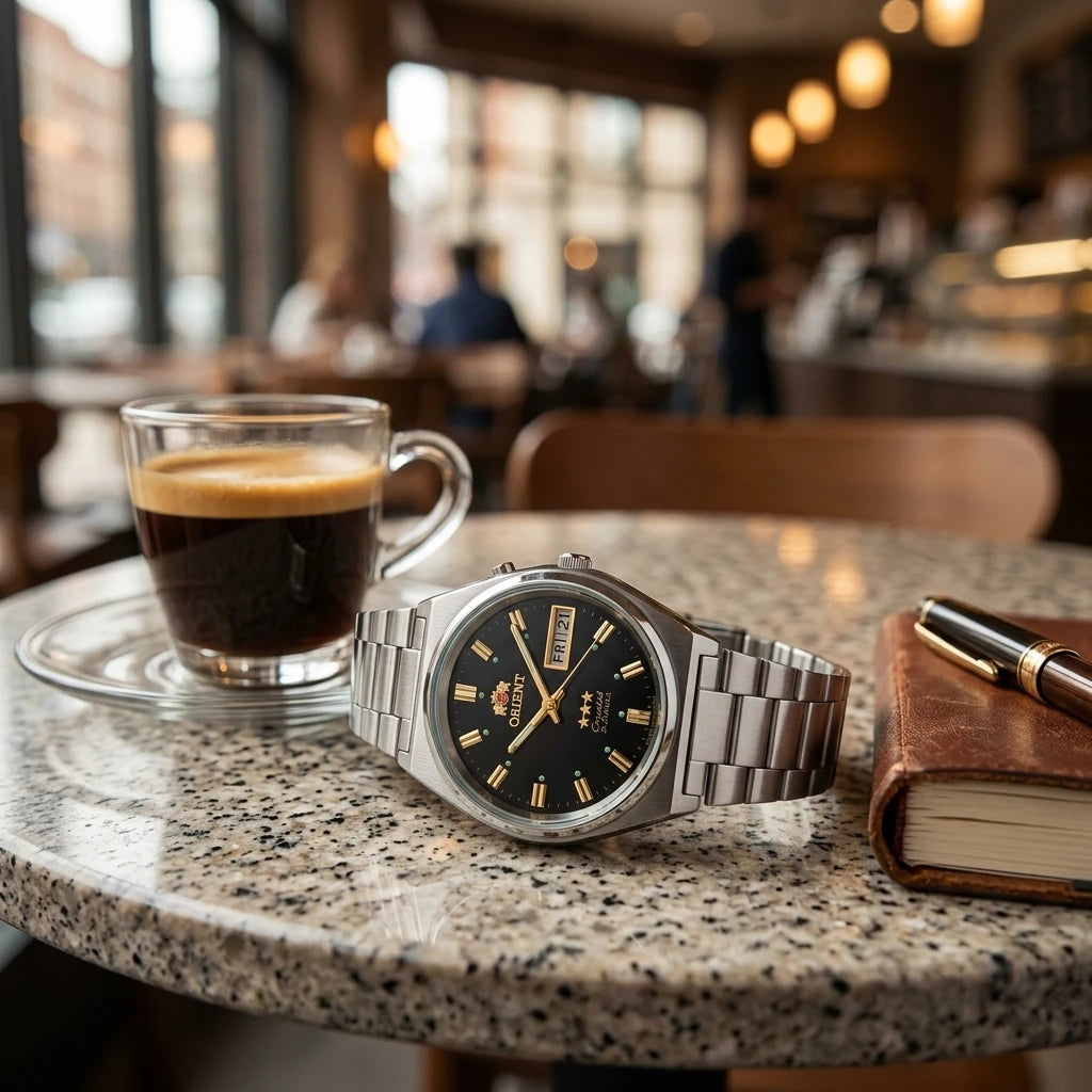 Relógio masculino automático vintage 36mm mostrador champagne em aço inox
