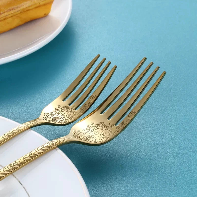 Juego de cubiertos de alta calidad con mango tallado exquisito, vajilla dorada de acero inoxidable, cuchillo, tenedor, cuchara, juego de cubiertos