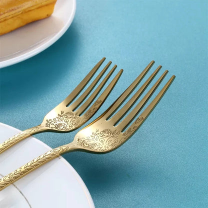 Juego de cubiertos de alta calidad con mango tallado exquisito, vajilla dorada de acero inoxidable, cuchillo, tenedor, cuchara, juego de cubiertos