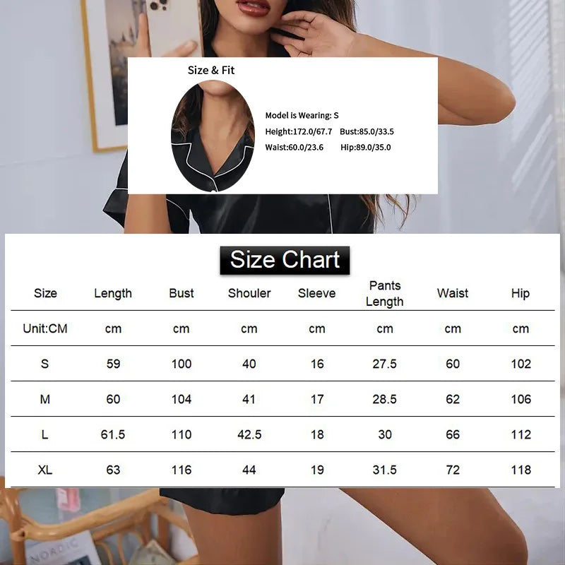Conjunto de pijama de satén de seda para mujer, conjunto de pijama de dos piezas, ropa de dormir, pijama con botones, pijama de mujer de 2 piezas, conjunto de pantalones cortos para estar en casa