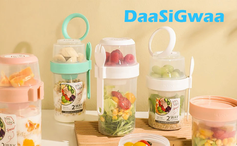 ¡Lleve tazas de desayuno, tazas de ensalada, cereales de yogur, bocadillos de avena, recipientes para parfait y soportes para aderezos para ensaladas con tenedores!