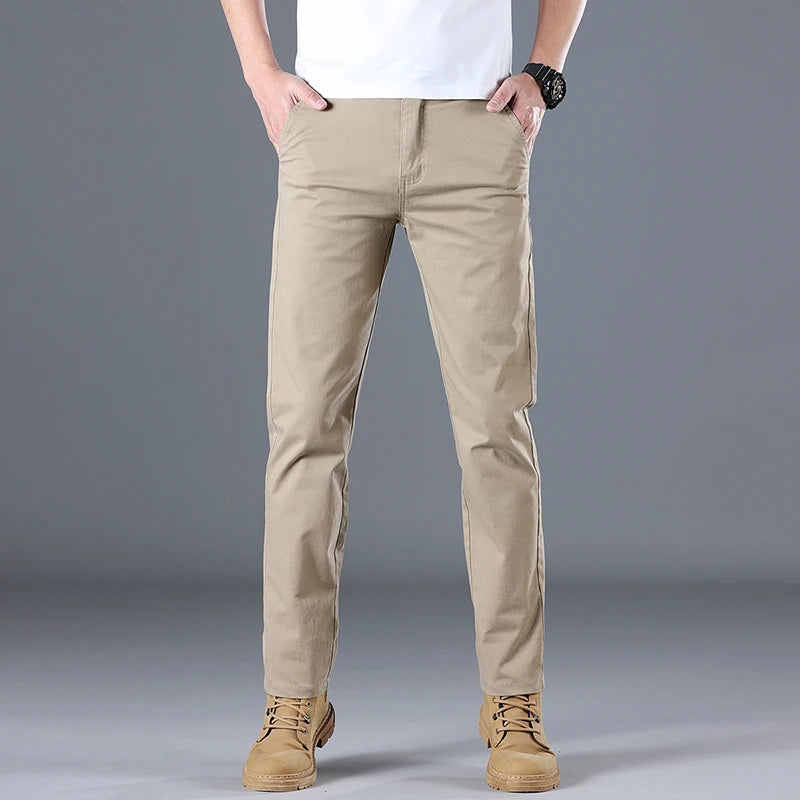 Men's High Quality Pure Cotton Classic Solid Color Casual Pants Business Stretch Slim Straight Brand Trousers Male Autumn New