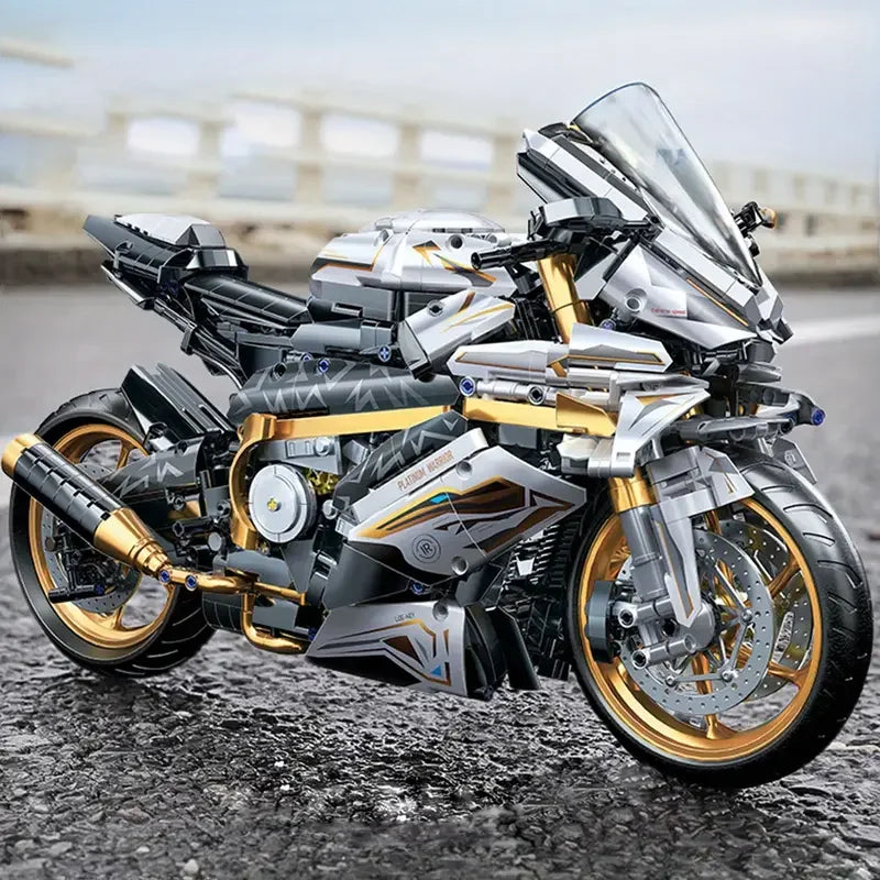 2431 Pieces of White Gold Motorcycle Building Blocks, Easy to Assemble for Ages 14 and Up, Perfect Gift for Birthdays, Christmas, Halloween and New Year Parties
