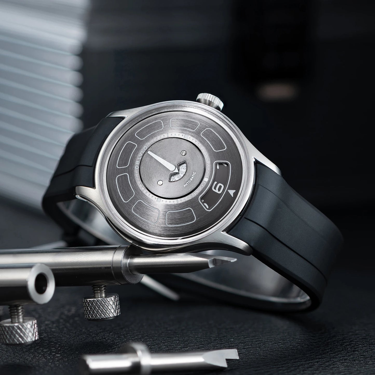 OBLVLO BLM-UFO Unique UFO-Shaped Automatic Watch with Luminous Silicone Strap And Steel Bracelet Waterproof Mechanical Timepiece