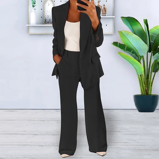 Elegant Lapel Long Sleeve Cardigan Top+Wide Leg Pants 2 Piece Set for Women Fashion Autumn Winter Button Pocket Female Suit 