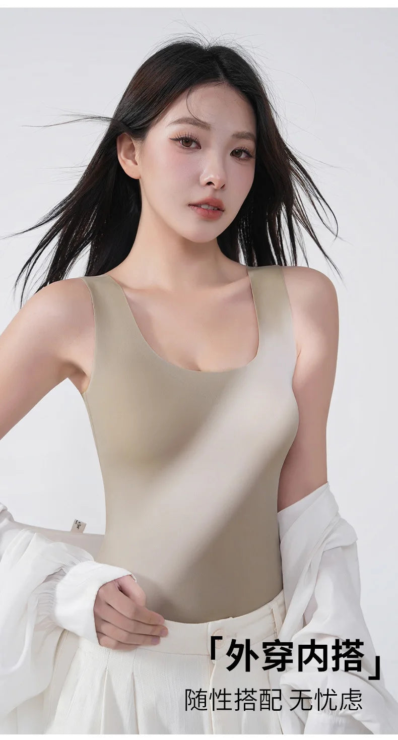 2 piezas/lote de camiseta sin mangas de seda sin costuras con almohadilla fija en el pecho para mujer, camisola sin mangas, ropa interior exterior, camisola de verano de alta elasticidad