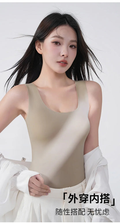 2 piezas/lote de camiseta sin mangas de seda sin costuras con almohadilla fija en el pecho para mujer, camisola sin mangas, ropa interior exterior, camisola de verano de alta elasticidad