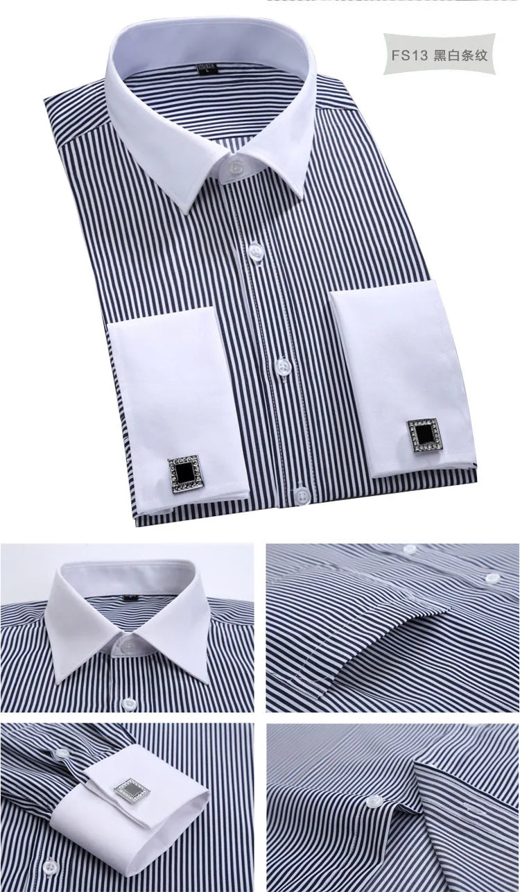 Camisa clásica de vestir para hombre con puños franceses, corte estándar, manga larga, para bodas, fiestas, oficina, trabajo, color blanco