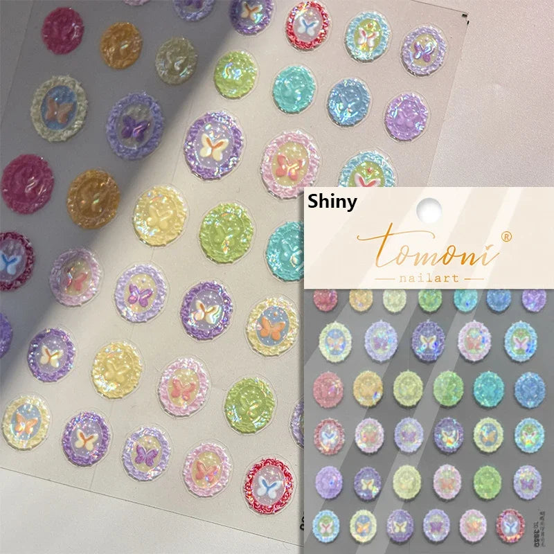 Flash Dreamy Chinese Flower Window Butterfly Glazed Rococo Geometric Frame Stamp Embossed Relief Nail Art Sticker Manicure Decal