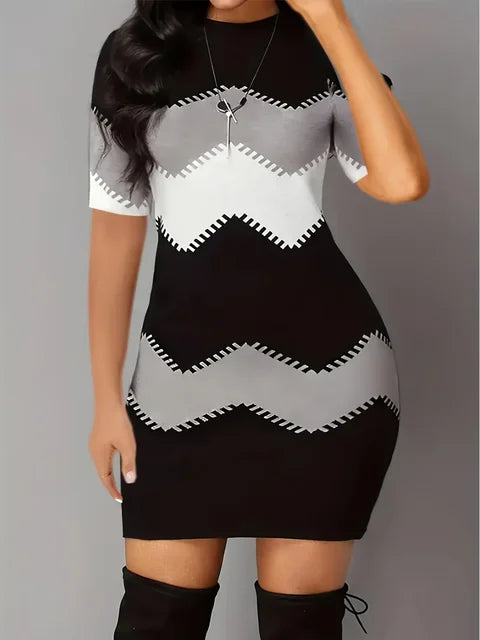 Vestido informal de talla grande para mujer, con estampado de rayas y bloques de color, manga larga y cuello redondo, color negro, para primavera y verano 