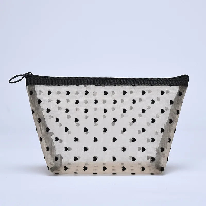 Heart-Shaped Nylon Mesh Cosmetic Bag Portable Toiletry Organizer for Women Makeup Storage