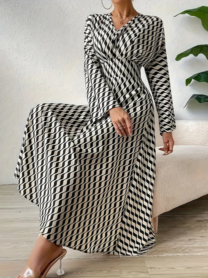 Plus size elegant autumn and winter geometric printed V-neck long sleeve waist dress elegant temperament office staff wear