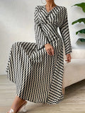 Vestido de talla grande elegante para otoño e invierno, estampado geométrico, cuello en V, manga larga, cintura, temperamento elegante, ropa para personal de oficina