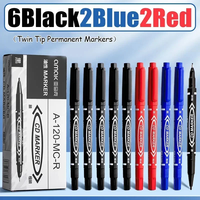 10Pcs Double Tip Permanent Markers Pens Waterproof Oily Fine Tip Black Painting Marker Graffiti Marking Pens School Supplies