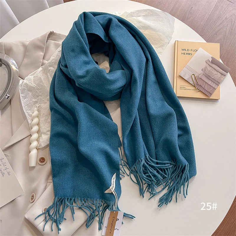 New Winer Warm Cashmere Scarf for Women Fashion Solid Thick Blanket Pashmina Shawl Wrap Female Bufanda Echarpe Foulard 2024