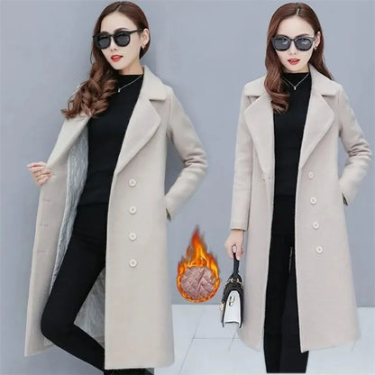 Female Woolen Coat Velvet 2023 Women's Double-Breasted Woolen Coat Spring and Autumn Woolen Coat Fashion Suit Collar ThickTrench
