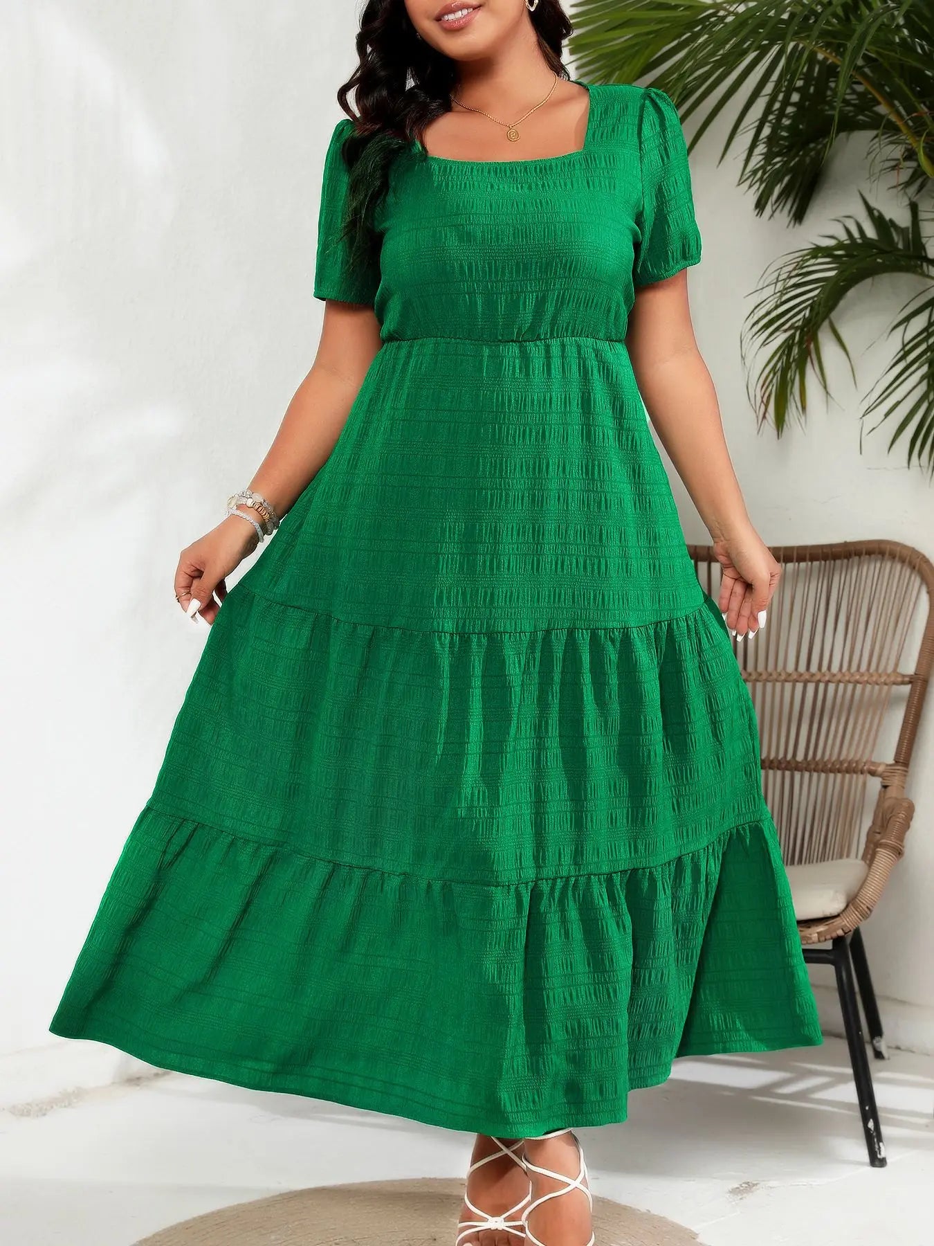 Plus size verão vestido longo feminino gola quadrada moda magro cintura alta senhoras vestidos plissado solto vestido de mulher