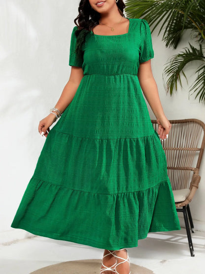 Plus size verão vestido longo feminino gola quadrada moda magro cintura alta senhoras vestidos plissado solto vestido de mulher