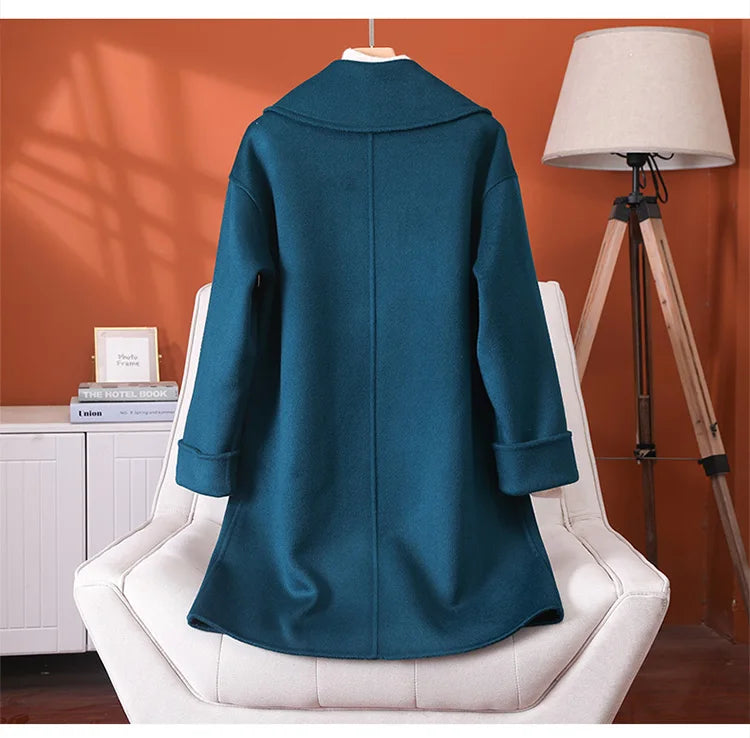 2025 Fashion Large Lapel Horn Button Women's Coat Autumn and Winter New Double-Sided Woolen 100%Pure Wool Warm Coat Large Pocket