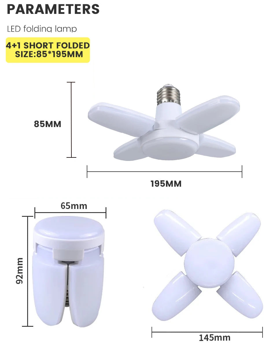 Bombilla LED plegable E27 de 28 W, CA 220 V/110 V, 40 bombillas deformables para iluminación de techo del hogar, almacén y garaje, luz blanca de 6500 K.