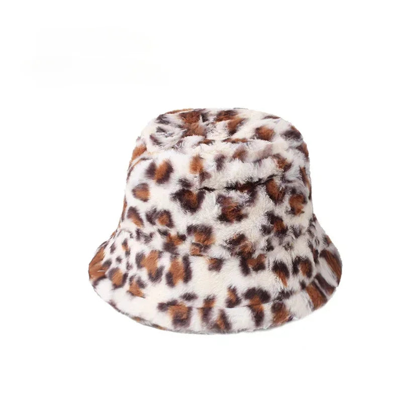 Winter Rabbit Plush Fisherman Hats for Women Girl Bucket Hat Windproof Leopard Soft Faux Fur Wide Brim Lady Women Artist Cap