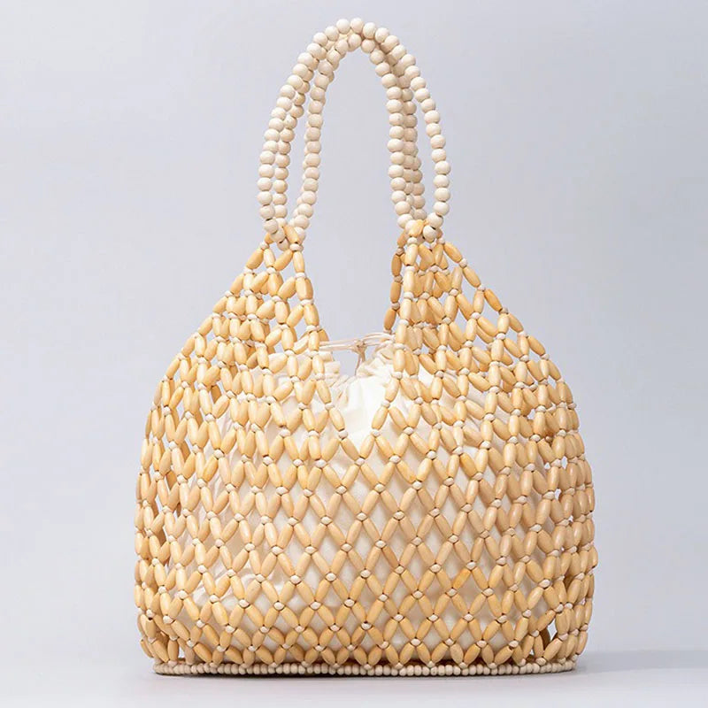 Handmade Woven Beaded Handbag For Women Exquisite Hollow-out Wooden Beaded Shoulder Bag Female Beach Bag