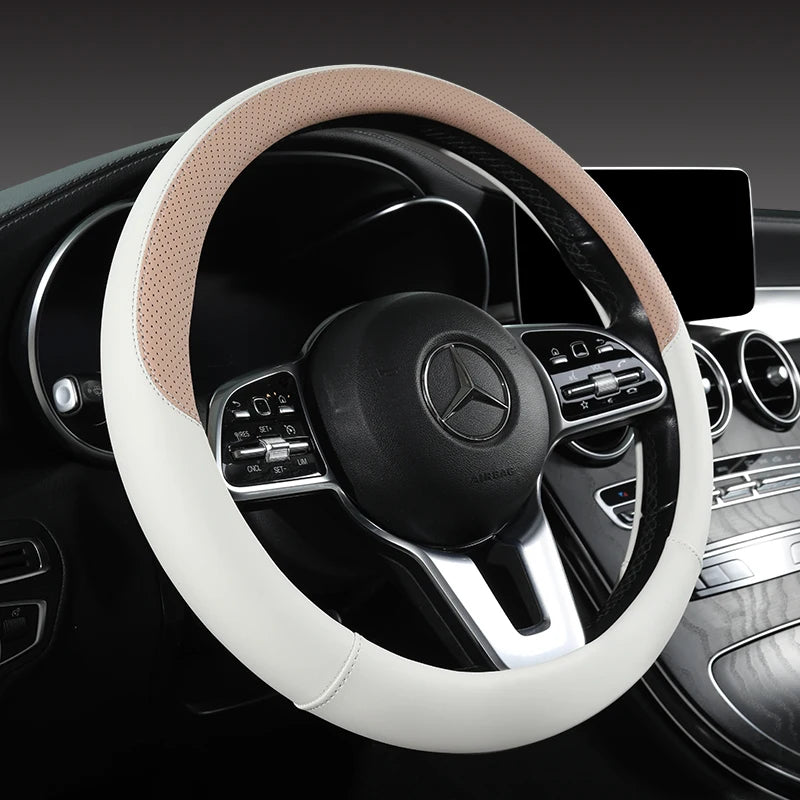 Perforated Nappa Leather Car Steering Wheel Cover Warm in Winter and Cool in Summer, Universal 15 Inch,  Anti-Slip, Odorless