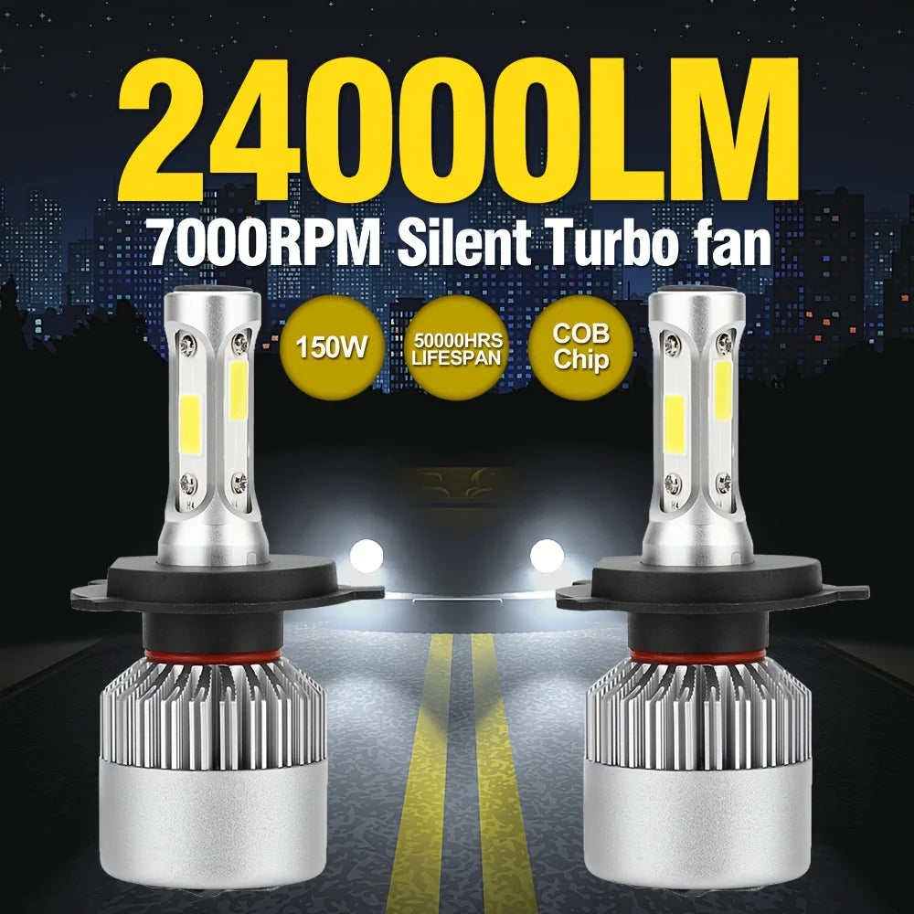 2pcs Ultra-Bright H7 H4 Led Car Headlights 150W High Power 24000Lm 6000K White Cob Chips With Cooling Fan Longer Lifespan