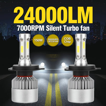 2pcs Ultra-Bright H7 H4 Led Car Headlights 150W High Power 24000Lm 6000K White Cob Chips With Cooling Fan Longer Lifespan