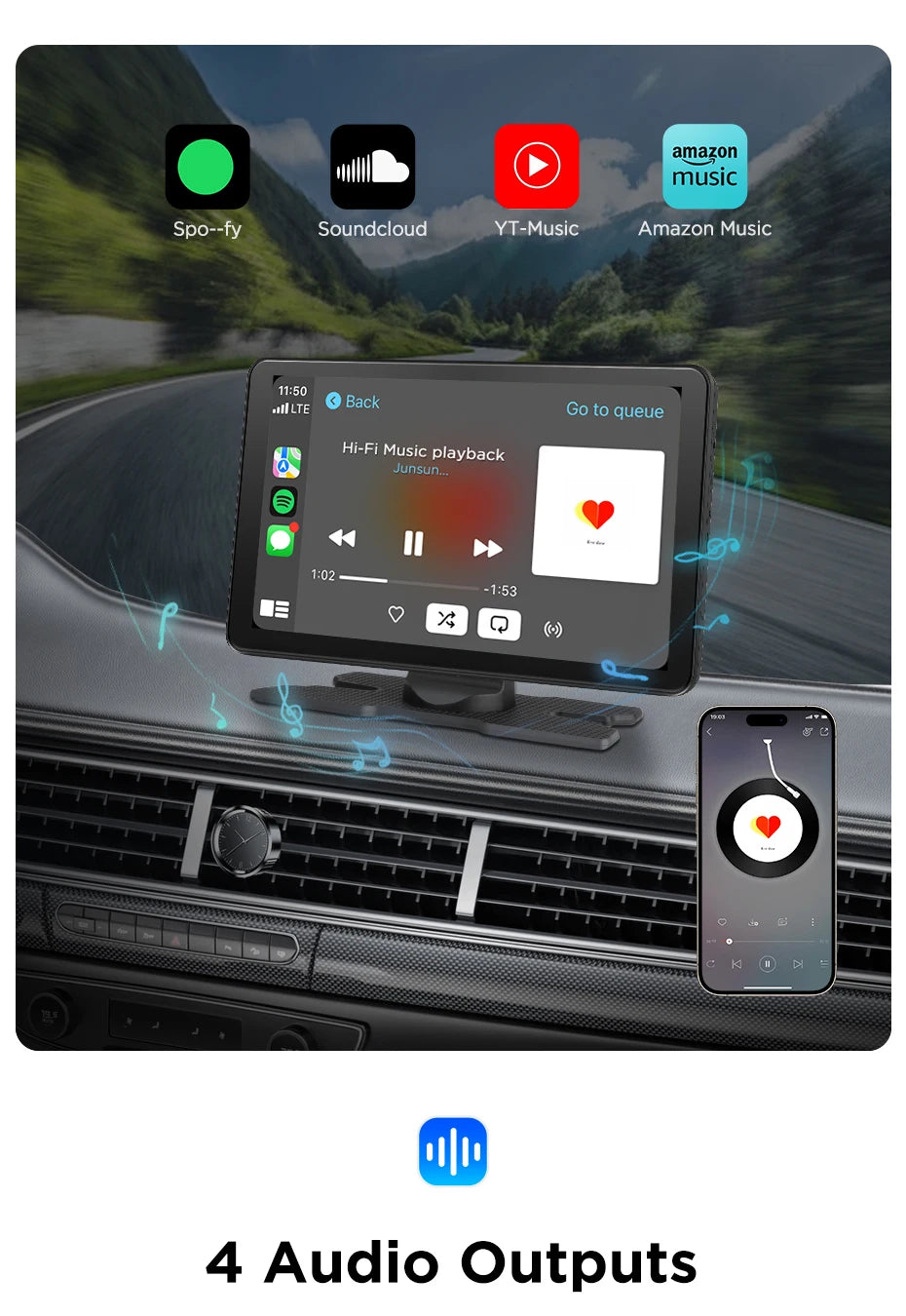 Junsun 9 inch Car DVR 4K Dash Cam Wireless Carplay for Apple Android Auto Dual Lens Video Recorder Dashboard Monitor FM BT AUX