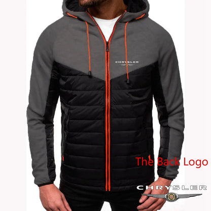 CHRYSLER 2022 Men's New Winter Hooded Cotton Jacket Casual Slim Fit Patchwork Zipper Coat Long Sleeves Warm Oversized Coat Tops
