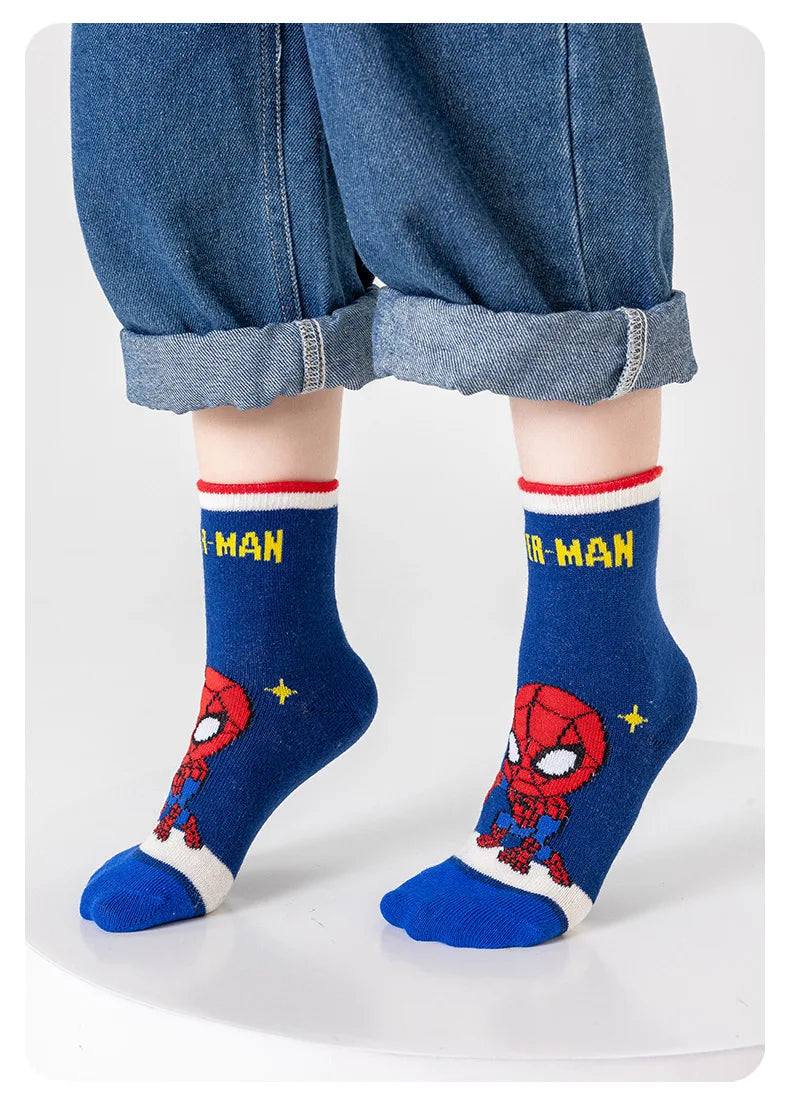 5 Pairs Marvel Kids Socks Spider-Man Kawaii New Fall Winter Cartoon Boy Children Mid-calf Socks Cotton Sock for Boys Gifts