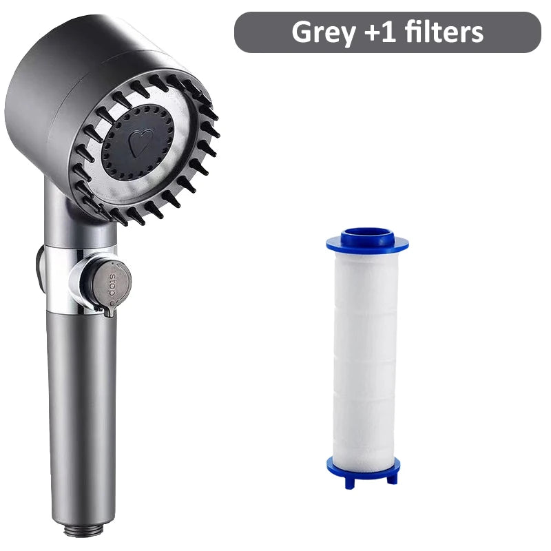 Cabezal de ducha de alta presión con 4 modos de ducha ajustables y filtros de cepillo de masaje, accesorios de baño para ahorrar agua.